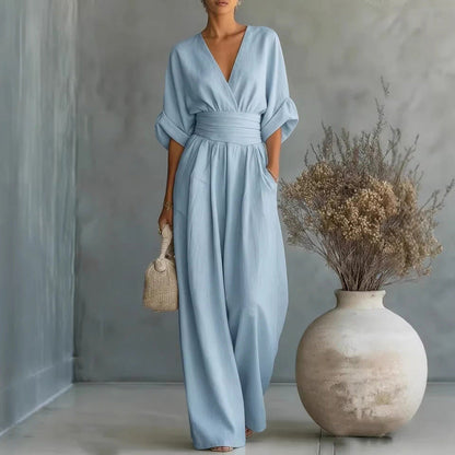 V-Neck High Waist Wide Leg Jumpsuit
