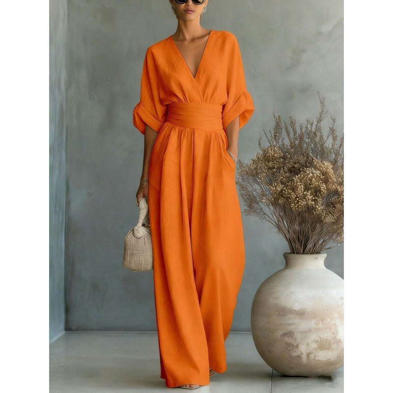 V-Neck High Waist Wide Leg Jumpsuit