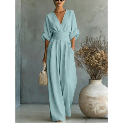 V-Neck High Waist Wide Leg Jumpsuit