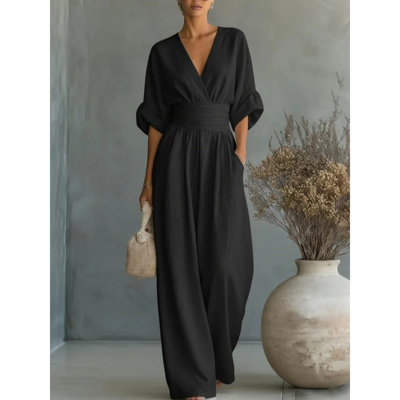 V-Neck High Waist Wide Leg Jumpsuit