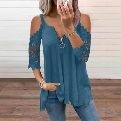 Elena - Lace Cold-Shoulder V-Neck Top