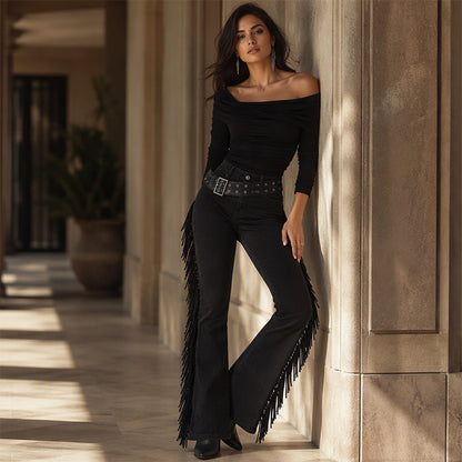 High-Waist Flare Jeans with Side Fringe