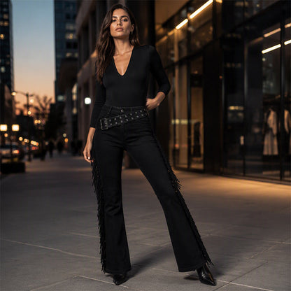 High-Waist Flare Jeans with Side Fringe
