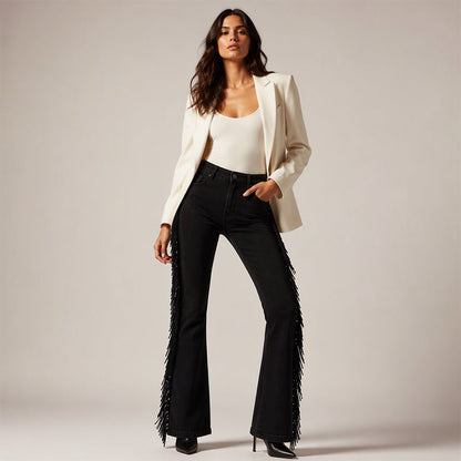High-Waist Flare Jeans with Side Fringe